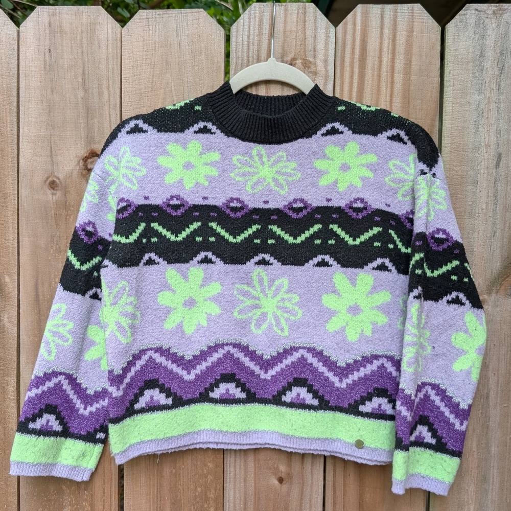 Justice Girls Kids Purple Green Black Retro Floral Fair Isle Patterned Sweater